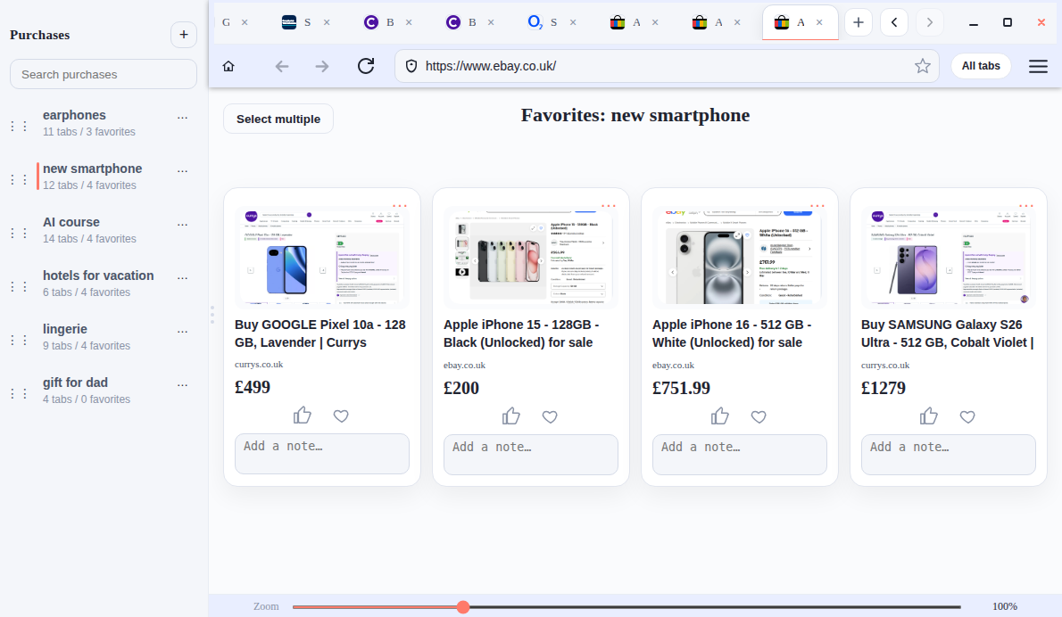 Buyka screenshot: favorites and saved context