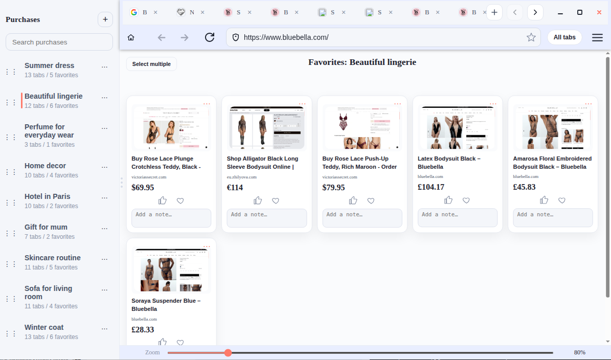 Buyka Favorites screen – saved products with prices and notes