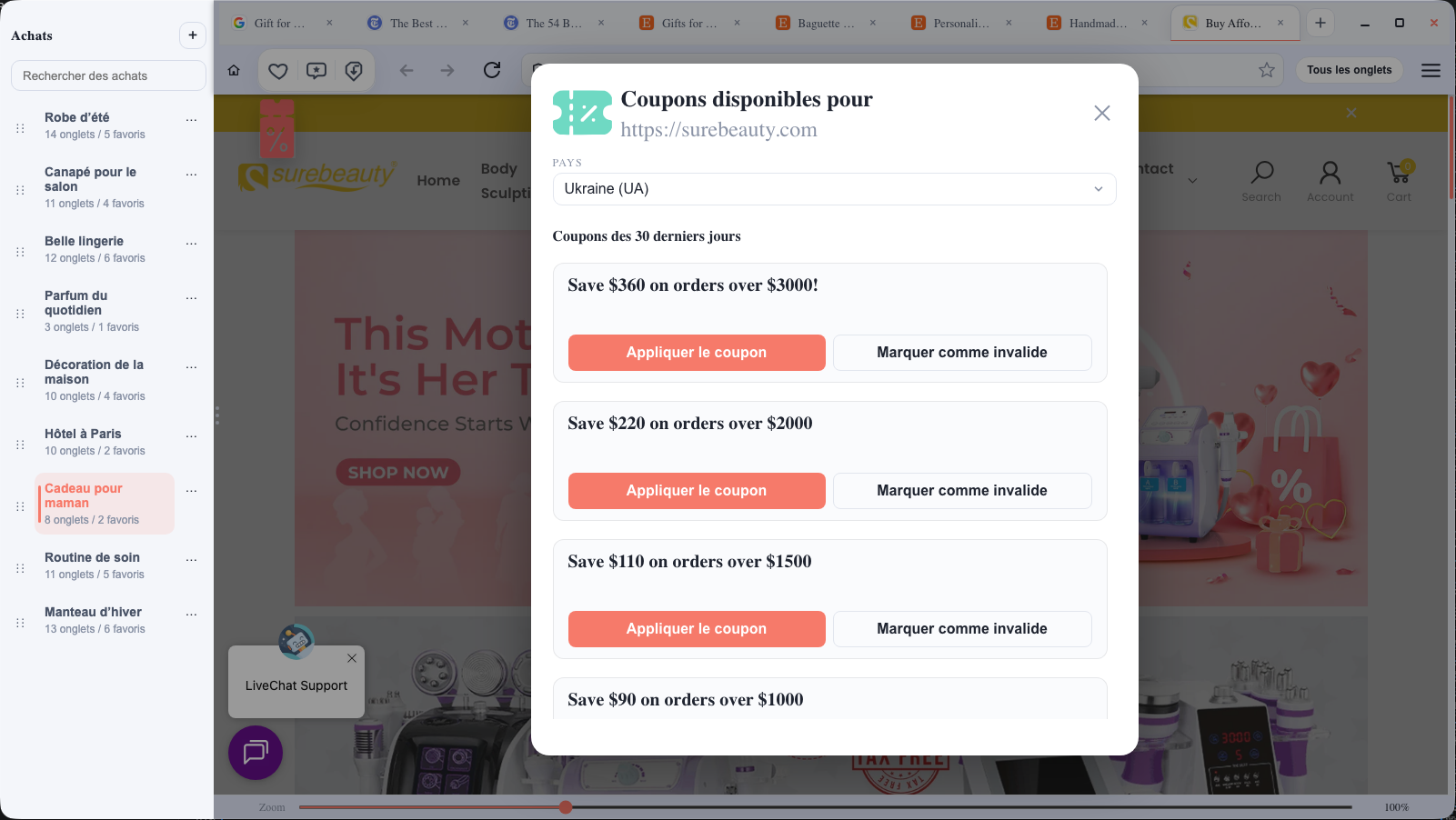 Fenêtre de coupon Buyka au-dessus d'une page boutique